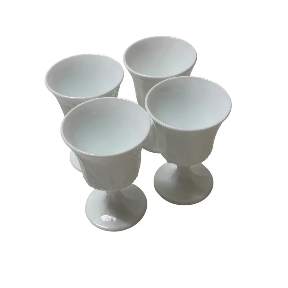 Vintage Indiana Glass Co 6oz Milk Glass Harvest Grape Pattern Goblets Lot of 4